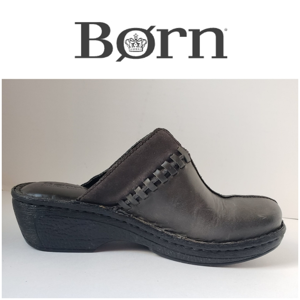 Born Womens Mule Size 6 Tan Black Leather Block Heel Clog Comfy Slip On Shoe EUC